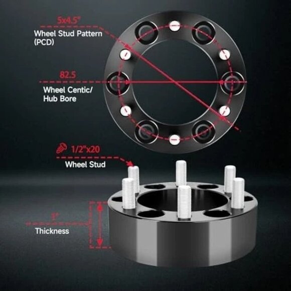 5x4.5 Wheel Spacers 1 inch 5 Lug 5x4.5"-82.5mm -1/2"x20 -1”thick 4 PCS SET NEW - Picture 3 of 8